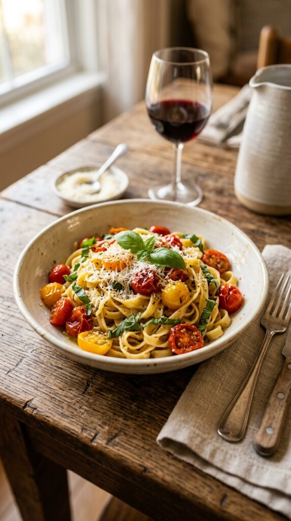 How to Make Healthy Fresh Homemade Pasta from Scratch 6 Healthy homemade pasta with cherry tomatoes, basil, olive oil, and parmesan on a rustic dinner table.