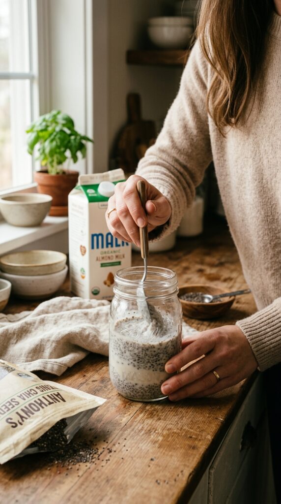 Person stirring chia pudding in a mason jar with almond milk and chia seeds.