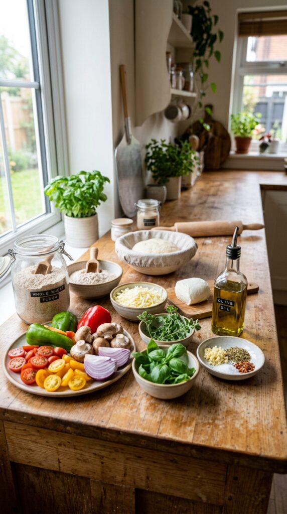 How to Make Healthy Homemade Pizza with Whole Wheat Crust 3 Healthy Homemade Pizza ingredients arranged neatly on a kitchen counter including whole wheat flour, vegetables, olive oil, cheese, and herbs in bright natural light.
