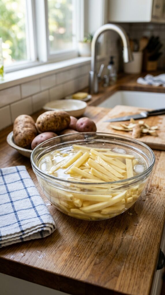 How to Make Healthy Crispy Air Fryer Fries at Home 4 Raw potato fries soaking in cold water beside fresh potatoes in a bright kitchen setting.
