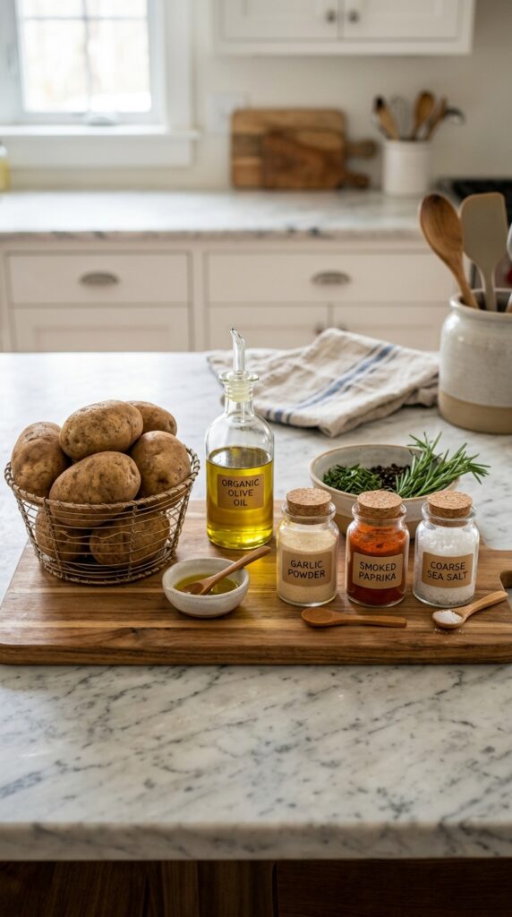 How to Make Healthy Crispy Air Fryer Fries at Home 3 Fresh russet potatoes with olive oil and seasonings arranged on a marble kitchen counter, realistic Pinterest-style food photography.