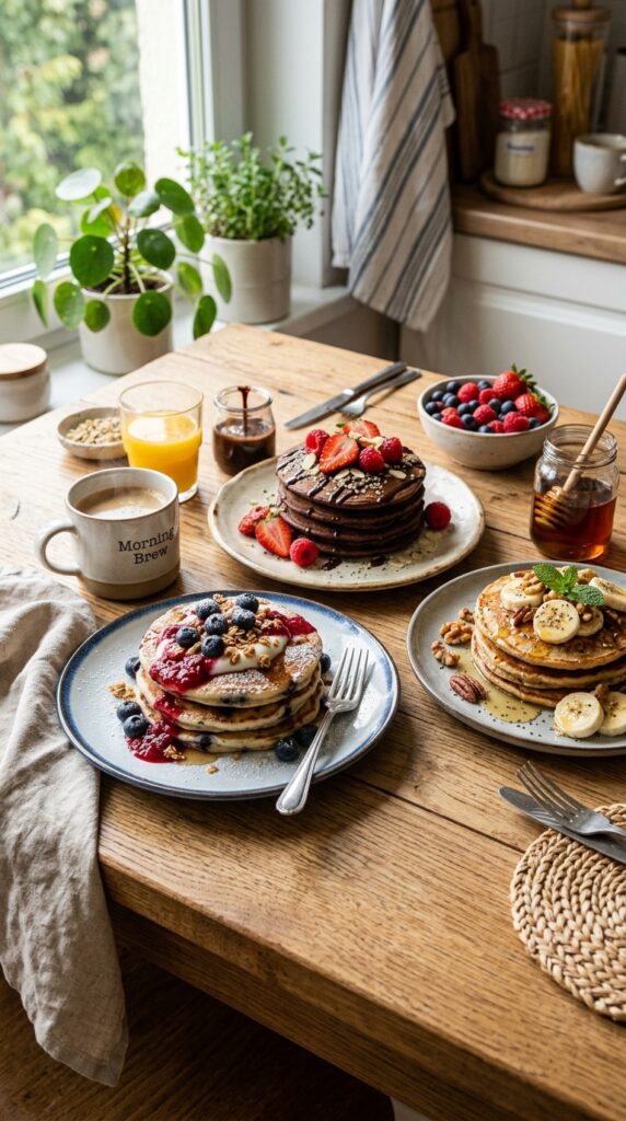 How to Make Fluffy Healthy Protein Pancakes at Home 6 Multiple healthy protein pancake variations on a breakfast table including blueberry pancakes, chocolate protein