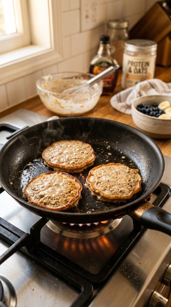 How to Make Fluffy Healthy Protein Pancakes at Home 4 Protein pancakes cooking in a skillet with golden edges under warm kitchen lighting.