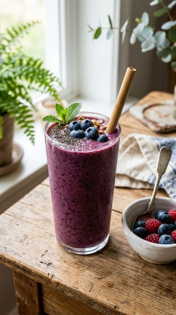 Thick purple berry smoothie topped with fresh blueberries and chia seeds beside a bowl of mixed berries