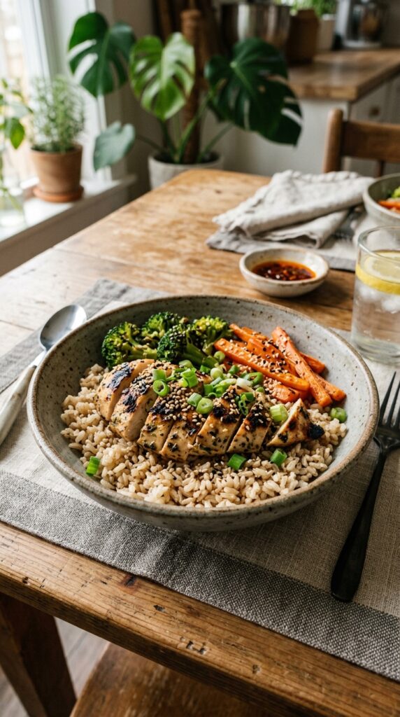 How to Make Healthy Quick Lunch Recipes for Busy Days 5 Healthy rice bowl with brown rice, grilled chicken, broccoli, carrots, and sesame seeds in a ceramic bowl