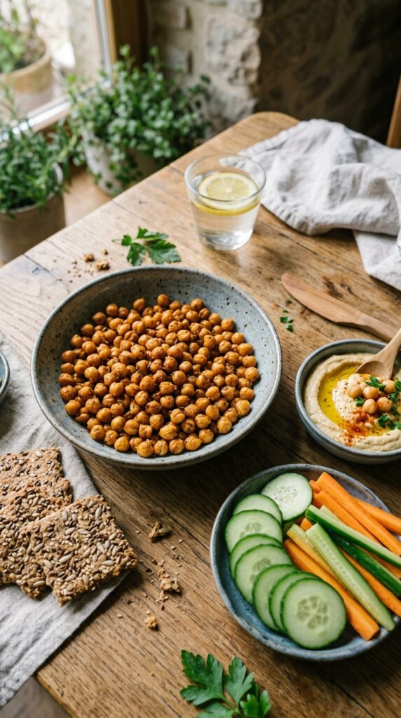 How to Make Healthy Snacks for Kids and Adults 6 Crispy roasted chickpeas with fresh veggies, hummus, and whole-grain crackers in a rustic snack setup.