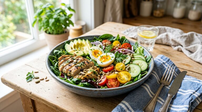 [Image Prompt] A large colorful weight loss salad bowl with grilled chicken, avocado slices, boiled eggs, cherry tomatoes, cucumbers, and leafy greens on a bright kitchen table, realistic Pinterest-style food photography.