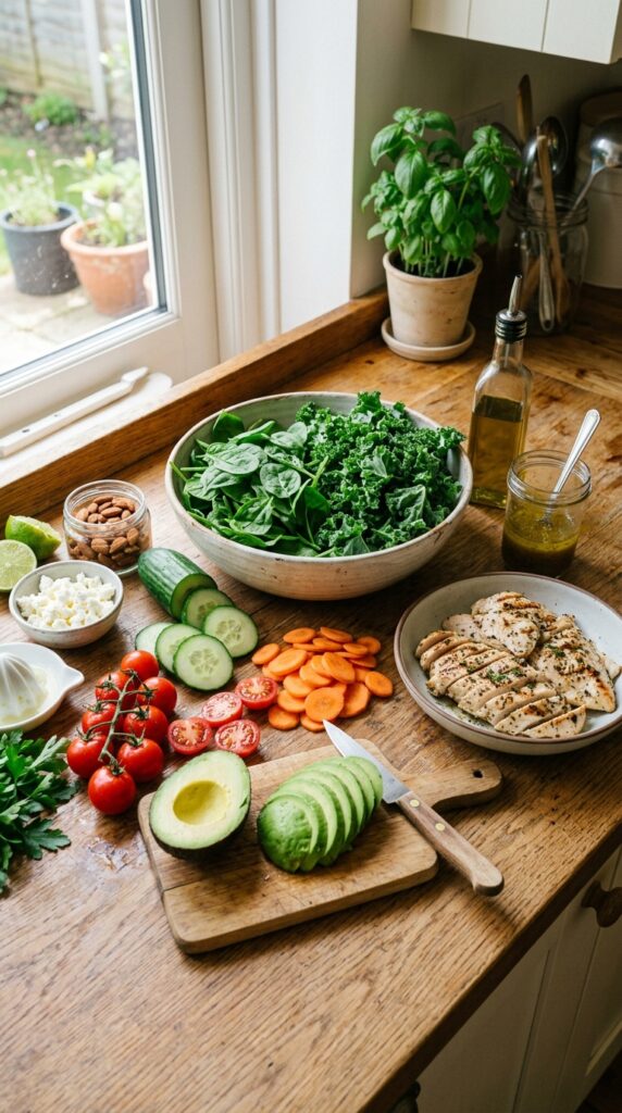 How to Make Weight Loss Salads That Fill You Up 3 Fresh salad ingredients with greens, vegetables, avocado, and grilled chicken on a kitchen counter.