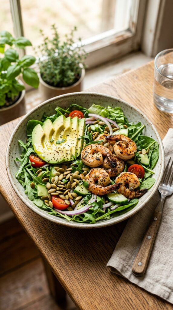 How to Make Weight Loss Salads That Fill You Up 4 Fresh salad ingredients with greens, vegetables, avocado, and grilled chicken on a kitchen counter.