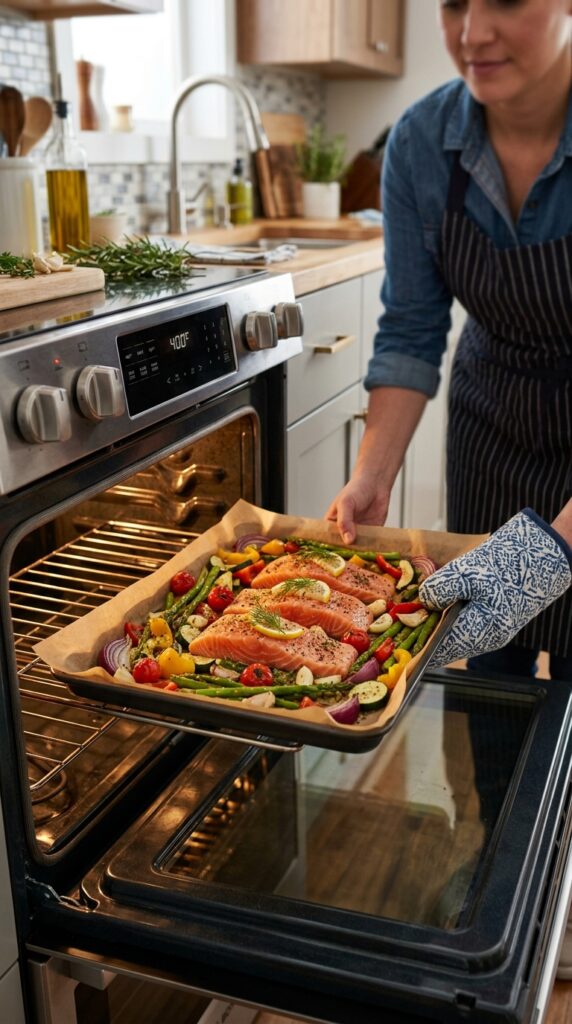 How to Bake Healthy Salmon That's Juicy and Flaky 4 Salmon fillets on a parchment-lined baking tray with roasted vegetables being placed into the oven.