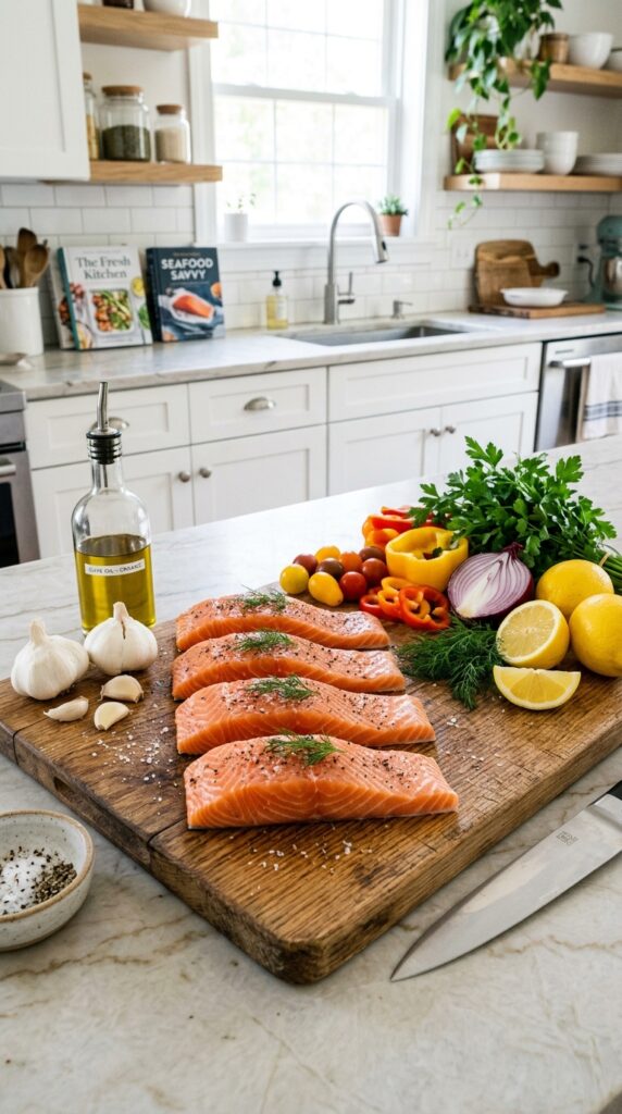 How to Bake Healthy Salmon That's Juicy and Flaky 3 Fresh salmon fillets with garlic, lemon, olive oil, parsley, and colorful vegetables arranged on a wooden cutting board in a bright kitchen.