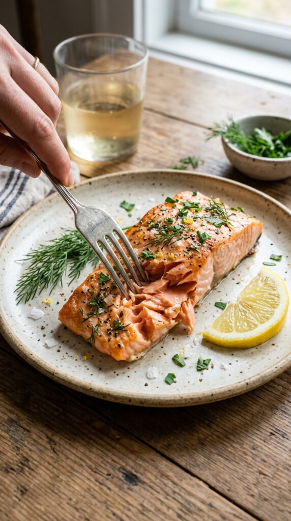 How to Bake Healthy Salmon That's Juicy and Flaky 6 Flaky baked salmon being pulled apart with a fork, revealing its moist texture with fresh herbs and lemon on the side.