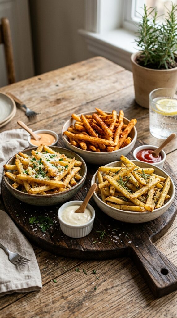 How to Make Healthy Crispy Air Fryer Fries at Home 6 Three varieties of air fryer fries with dipping sauces served on a rustic board, Pinterest-style food photography.