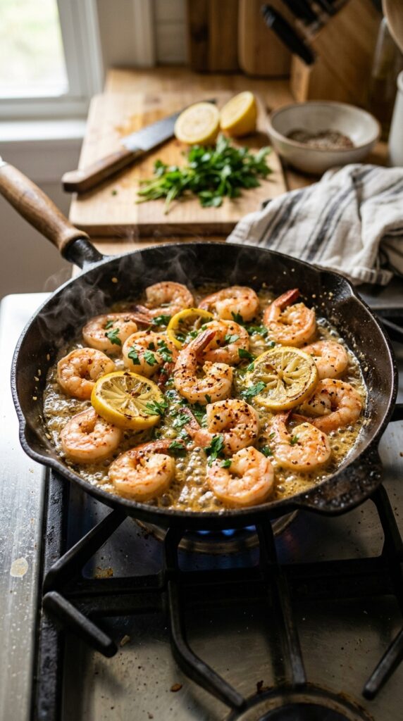 Shrimp cooking in garlic butter sauce with lemon and parsley in a skillet.