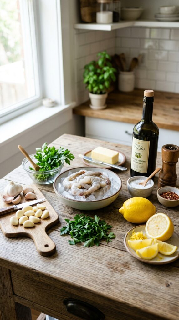 Fresh shrimp, garlic, butter, lemon, and parsley arranged on a kitchen counter.