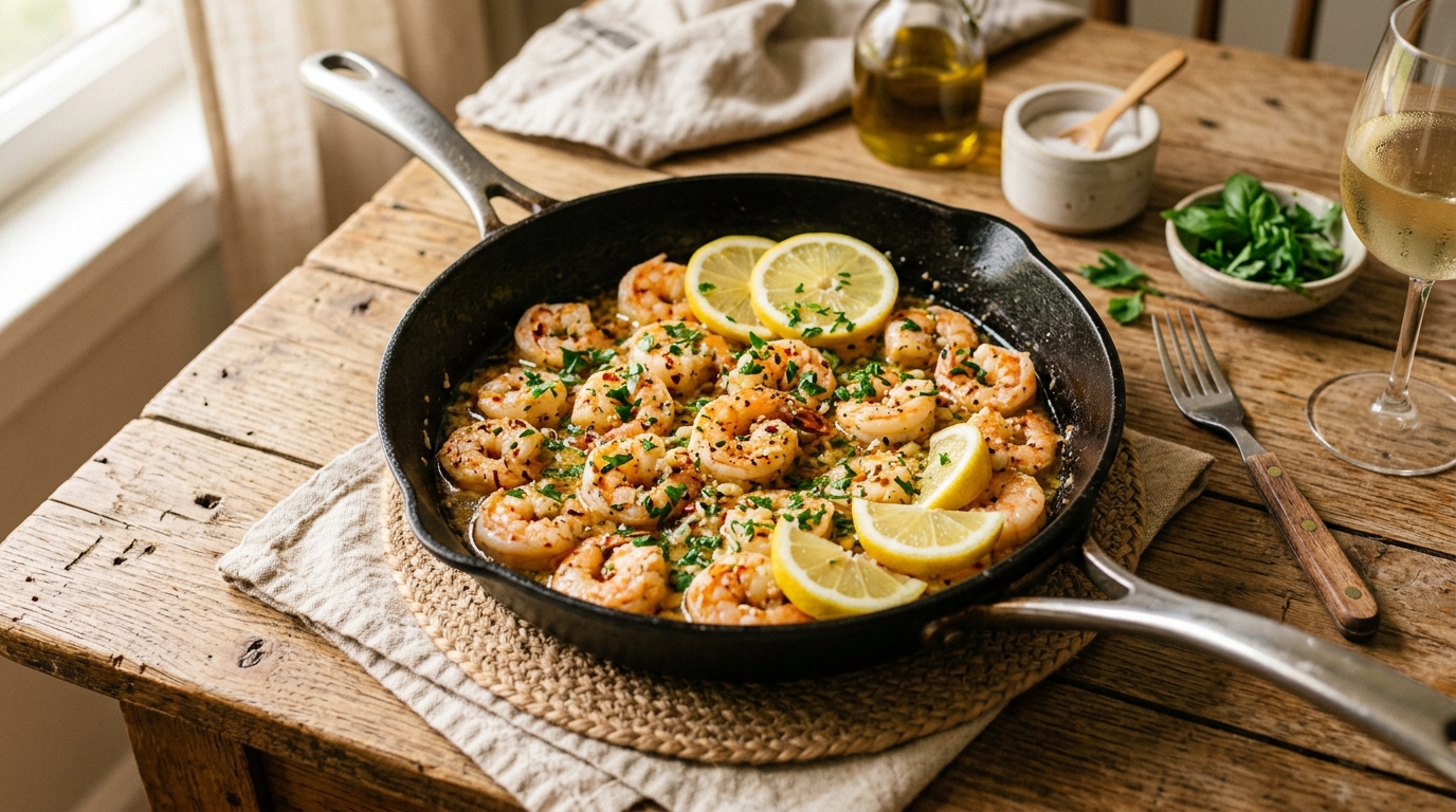 Juicy garlic butter shrimp with parsley and lemon slices in a rustic skillet.