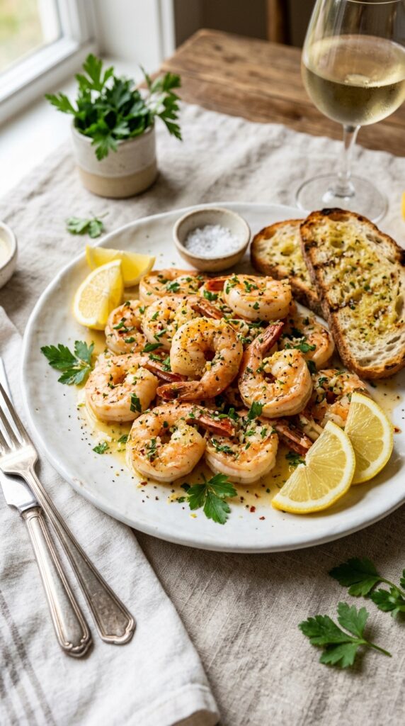 Juicy garlic butter shrimp with lemon wedges and parsley on a white plate