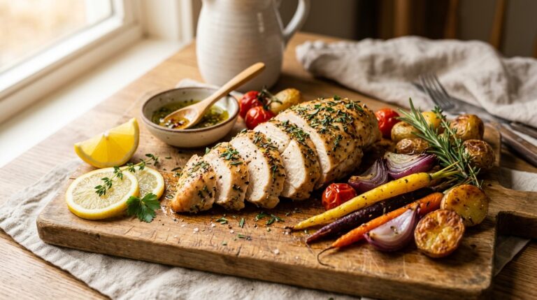 Juicy sliced baked chicken breast with herbs, lemon slices, and roasted vegetables on a wooden cutting board.