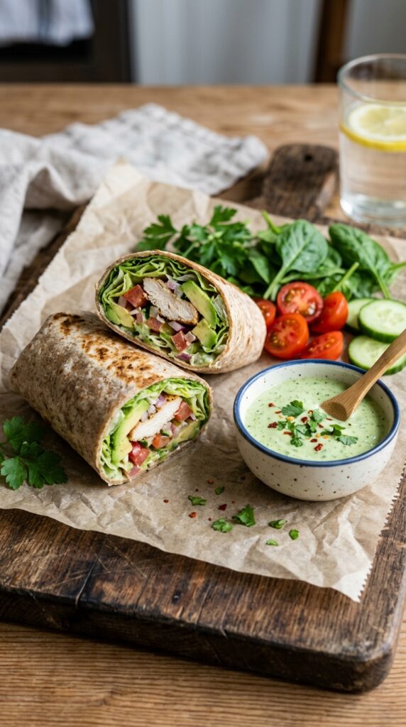 How to Make Healthy Quick Lunch Recipes for Busy Days 4 Sliced chicken avocado wrap with fresh vegetables and healthy dipping sauce on parchment paper
