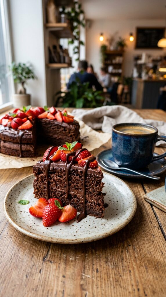 How to Bake Healthy Chocolate Cake with Less Sugar 5 Healthy chocolate cake slices topped with fresh strawberries and light chocolate drizzle served beside a cup of coffee