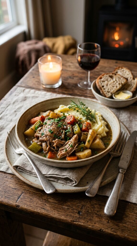 A cozy kitchen counter with a modern slow cooker filled with colorful vegetable soup, fresh ingredients scattered nearby, warm natural lighting, realistic Pinterest-style food photography.