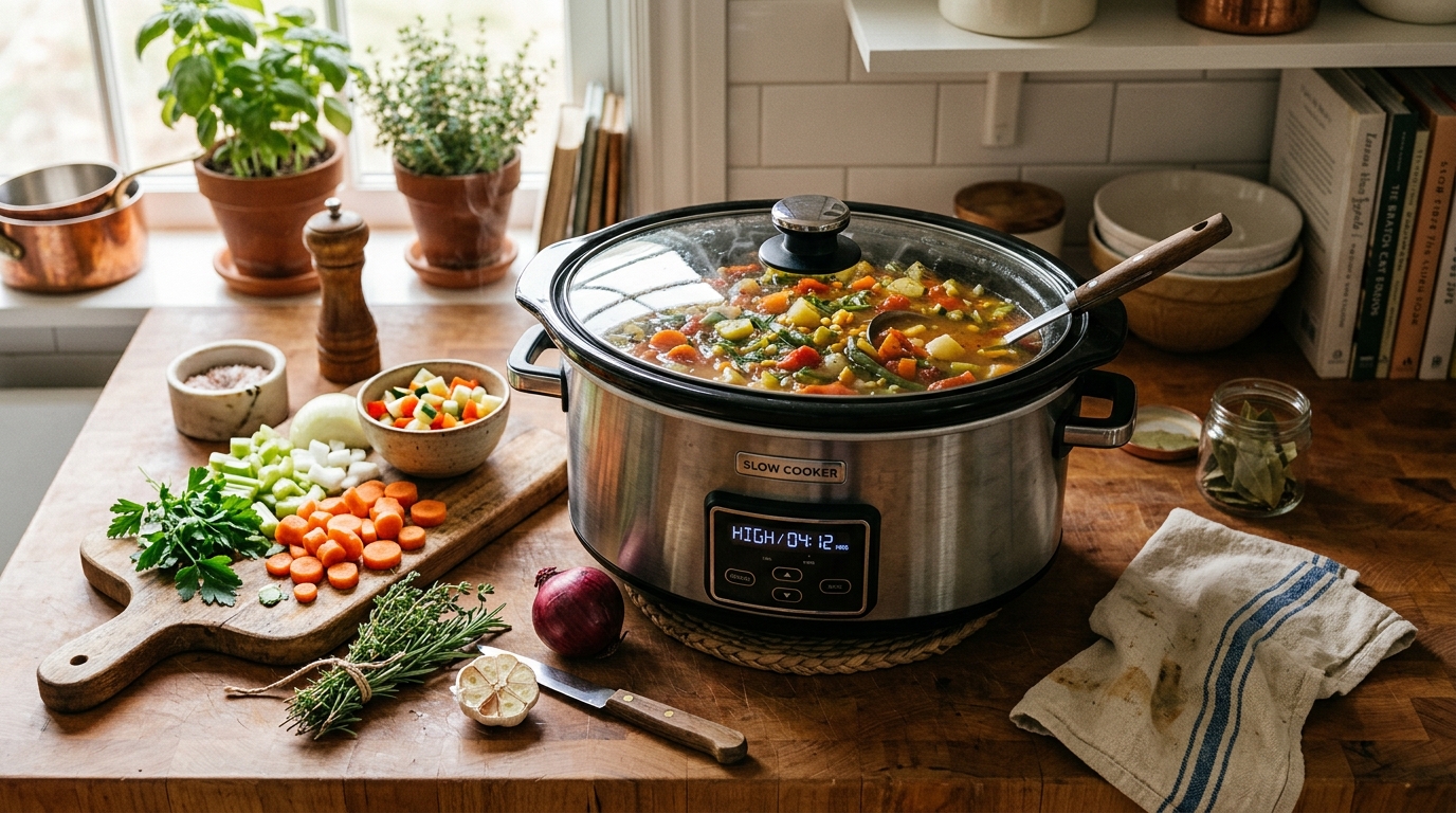 Slow cooker filled with colorful vegetable soup on a cozy kitchen counter with fresh vegetable