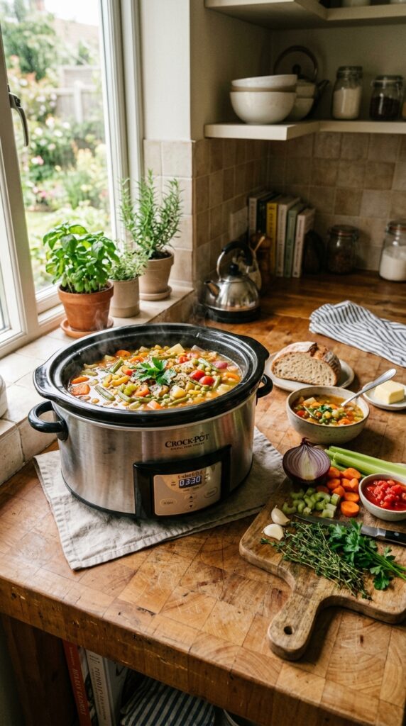 Slow cooker vegetable soup in a cozy kitchen setting