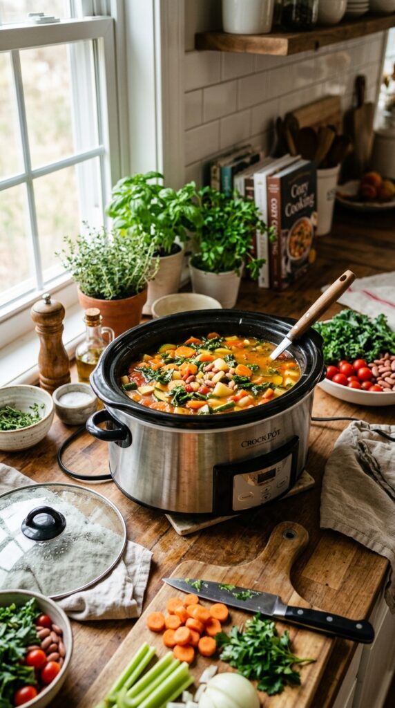 Healthy Slow Cooker Recipes A healthy bowl of slow cooker chicken soup topped with fresh herbs beside whole grain bread, natural daylight, cozy Pinterest-style presentation.