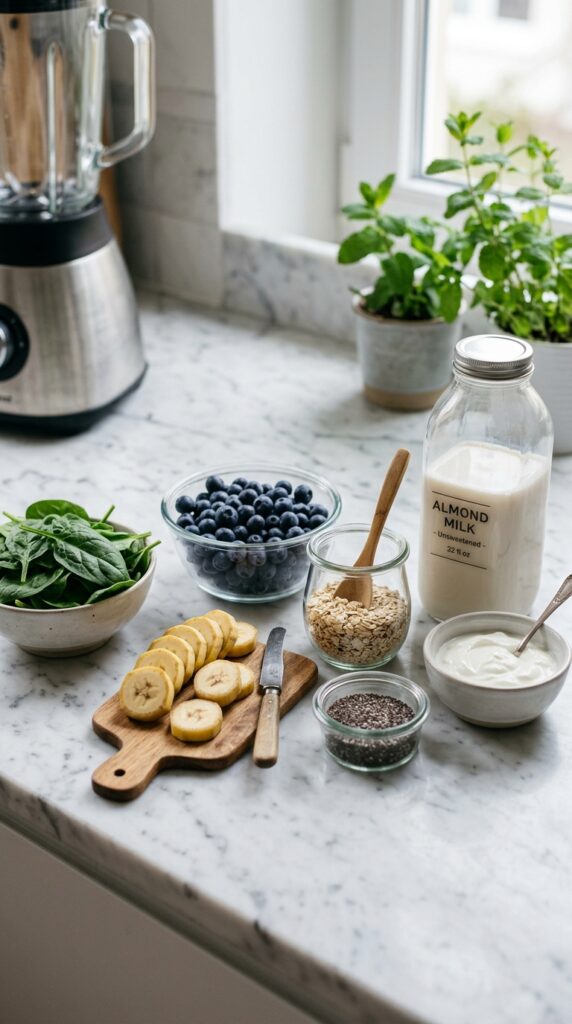 Smoothie ingredients including spinach, blueberries, bananas, oats, chia seeds, almond milk, and Greek yogurt on a marble countertop.