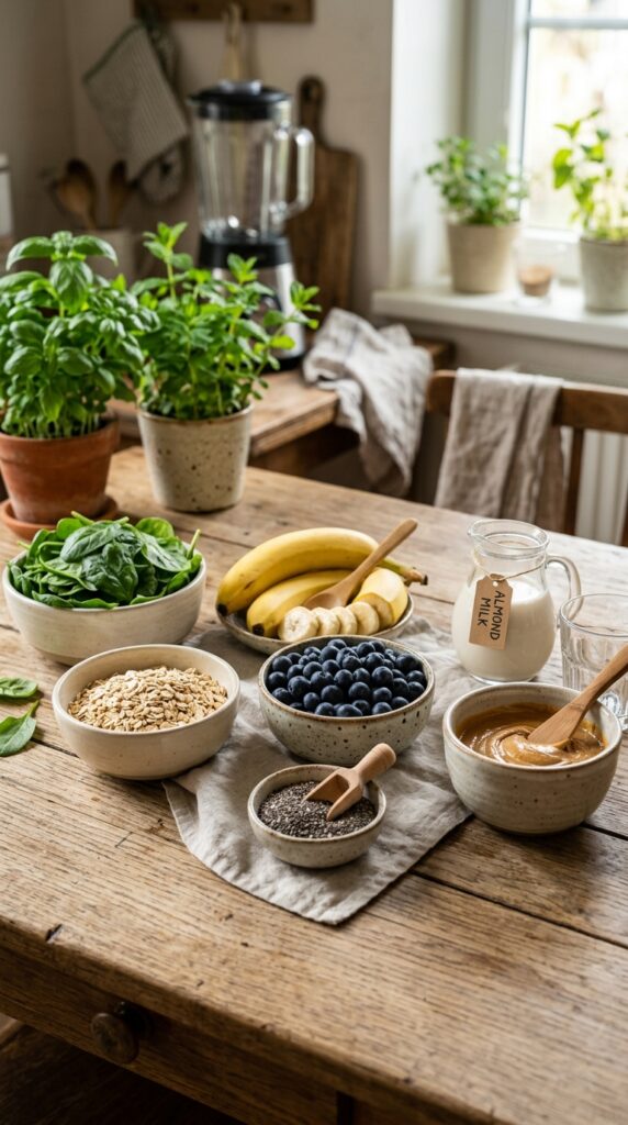 How to Make Healthy Breakfast Smoothies That Boost Energy 3 Fresh smoothie ingredients including spinach, oats, bananas, blueberries, chia seeds, almond milk, and peanut butter arranged on a wooden table.