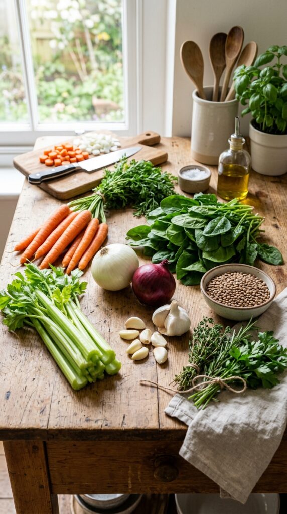 Colorful vegetable soup simmering with fresh vegetables on the stovetop.