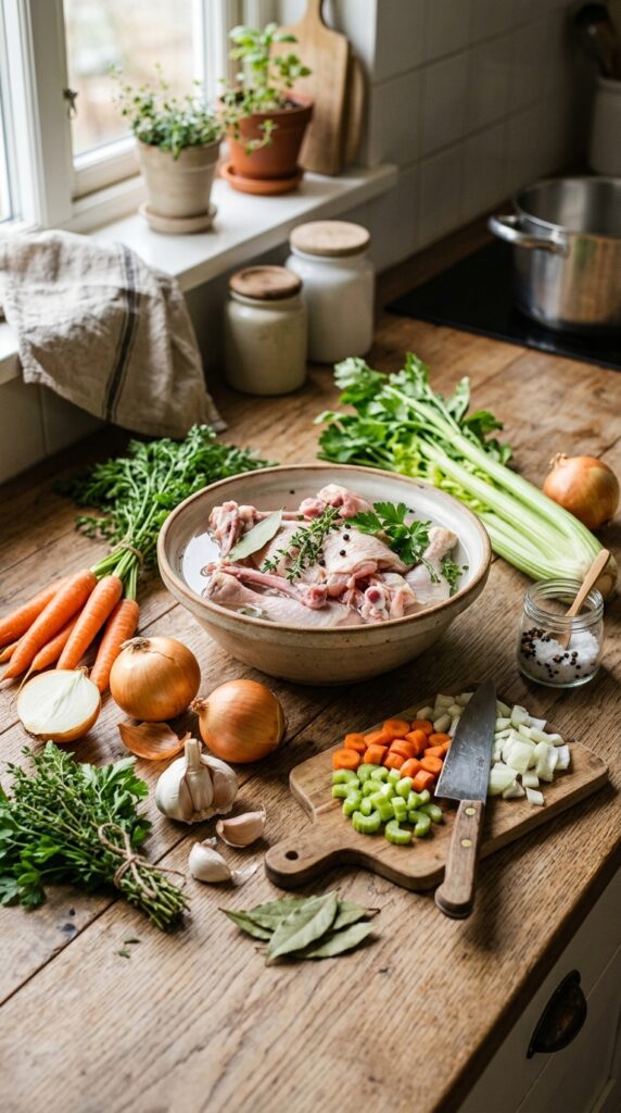 Fresh soup stock ingredients including vegetables, herbs, and chicken bones on a wooden kitchen counter.