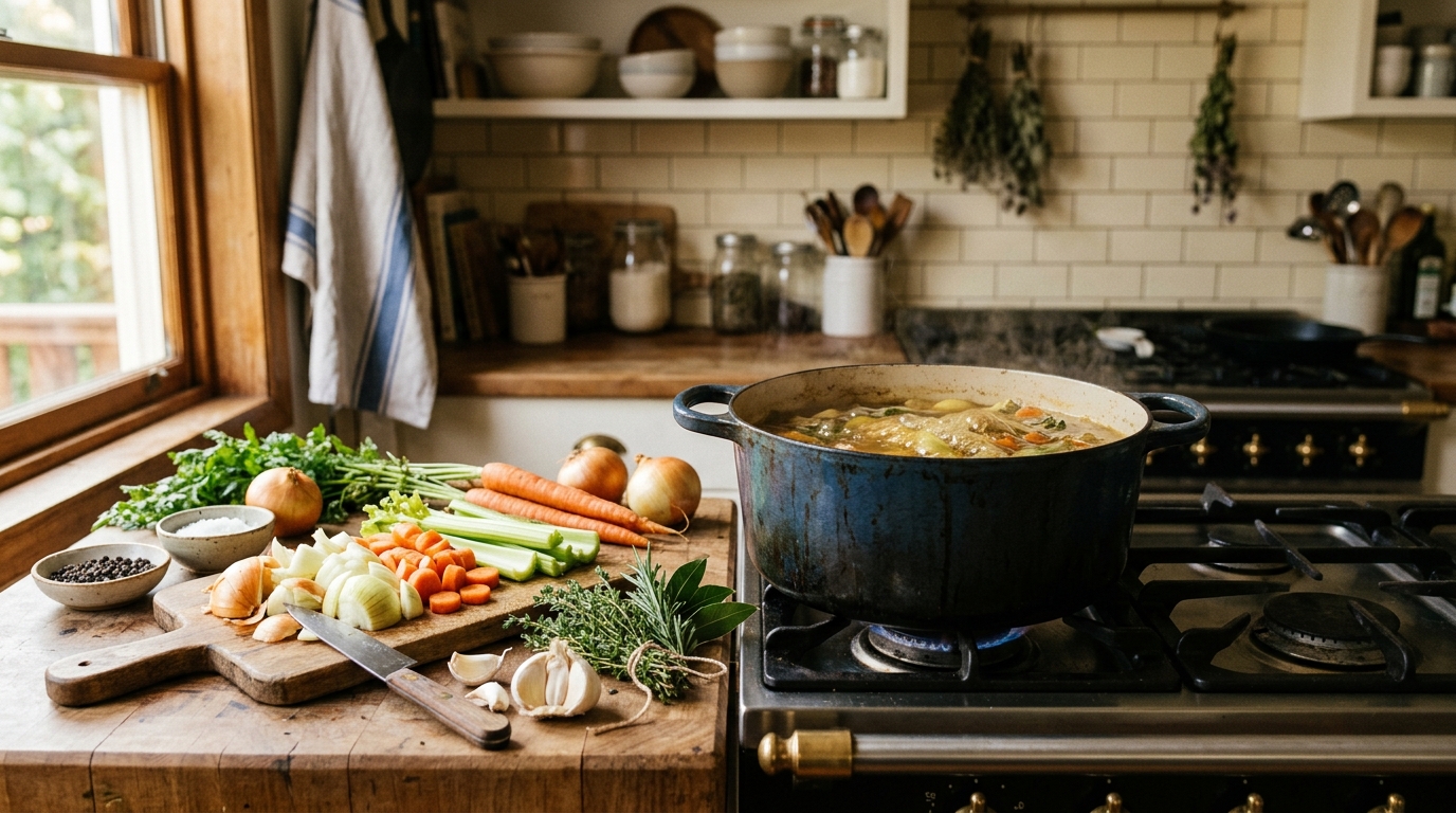 Homemade soup stock simmering with fresh vegetables and herbs in a rustic kitchen.