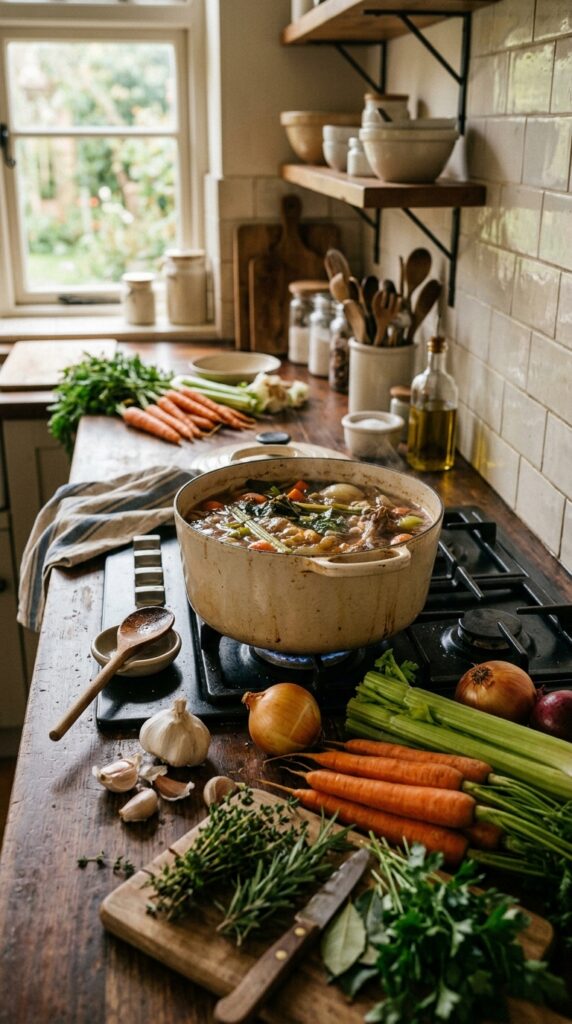 Homemade soup stock simmering with fresh vegetables and herbs in a rustic kitchen.