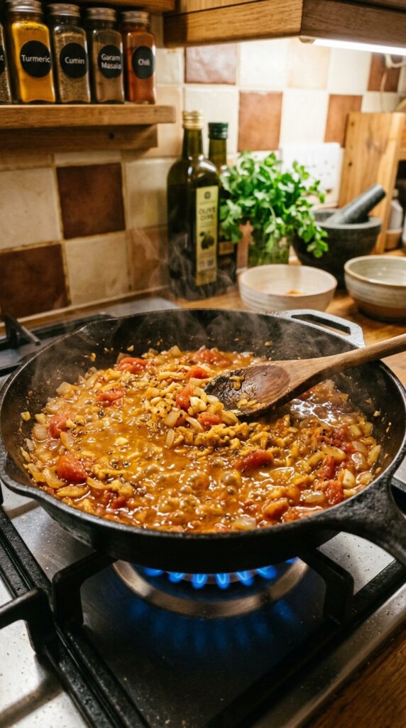 Onion, garlic, ginger, and spices cooking into a rich curry sauce.