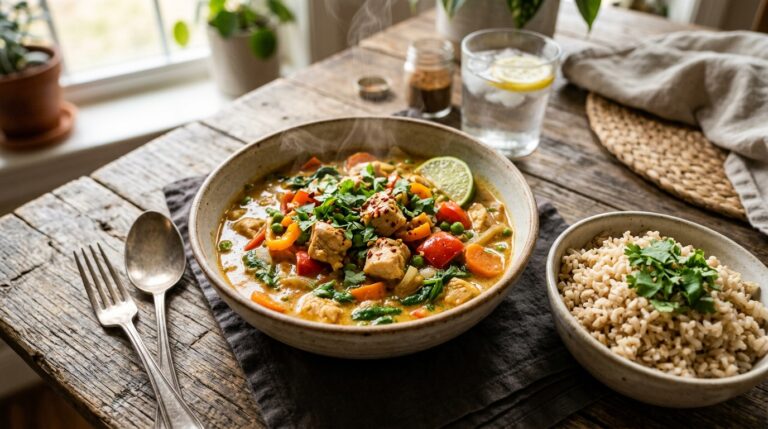 Healthy chicken curry with vegetables and brown rice in a rustic bowl.