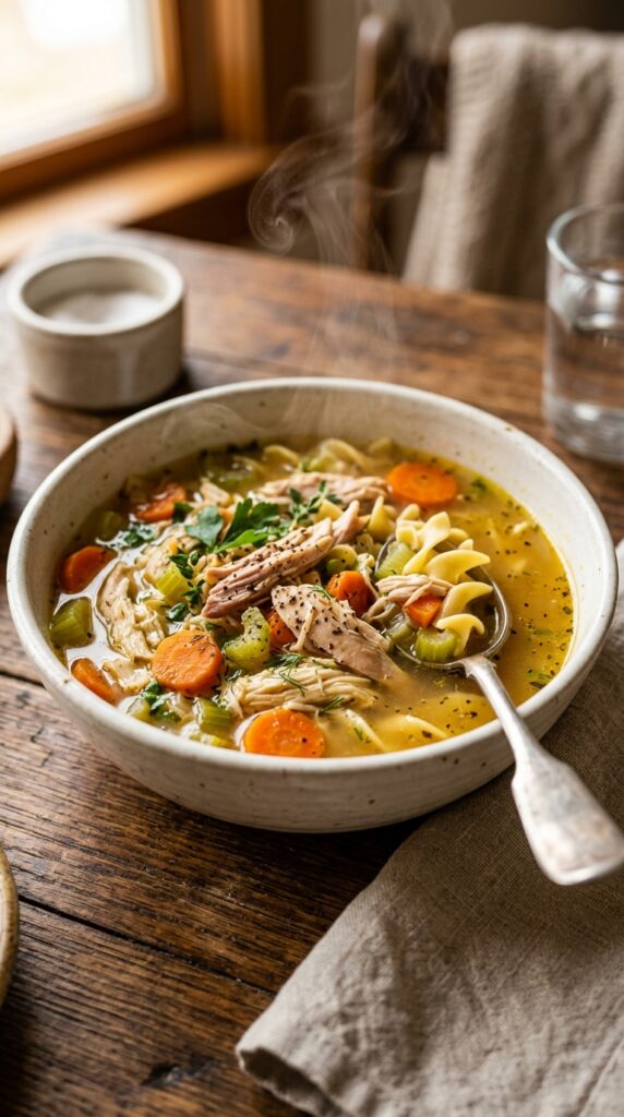Steaming chicken noodle soup with shredded chicken and vegetables in a white bowl.