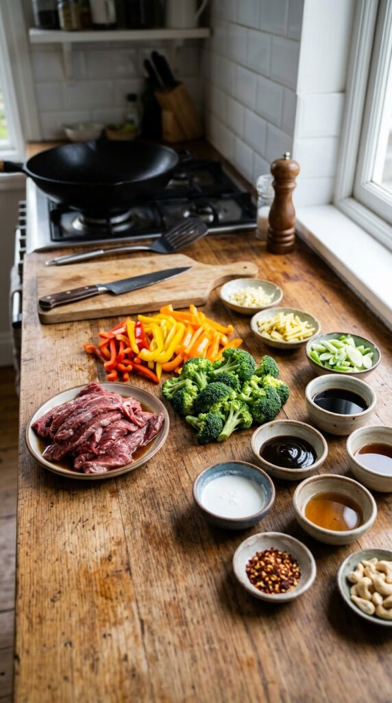 How to Make Healthy Beef Stir Fry in Under 20 Minutes 3 Fresh stir fry ingredients including sliced beef, broccoli, bell peppers, garlic, and sauce ingredients on a wooden counter.