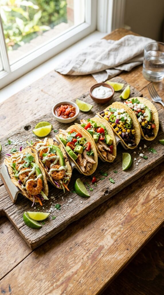  Healthy taco night dinner spread with turkey tacos, brown rice, black bean salad, roasted vegetables, 