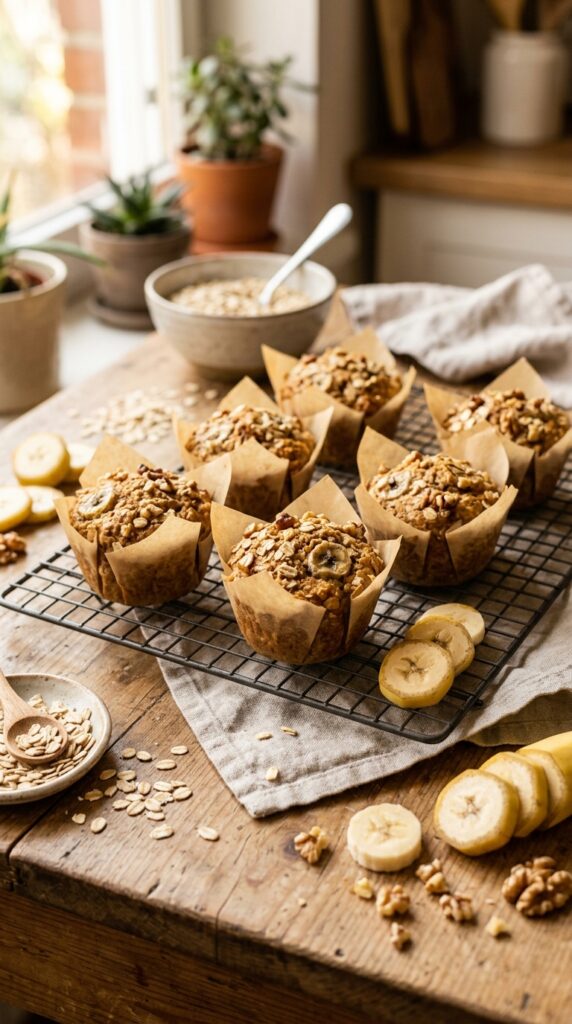 How to Make Healthy Vegan Desserts with No Refined Sugar 4 Freshly baked vegan banana oat muffins cooling on a wire rack with sliced bananas and oats nearby