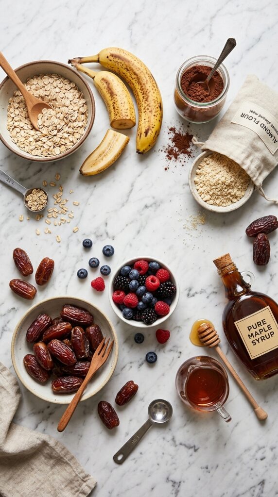 How to Make Healthy Vegan Desserts with No Refined Sugar 3 Vegan dessert ingredients including oats, bananas, dates, cocoa powder, almond flour, berries, and maple syrup on a marble countertop
