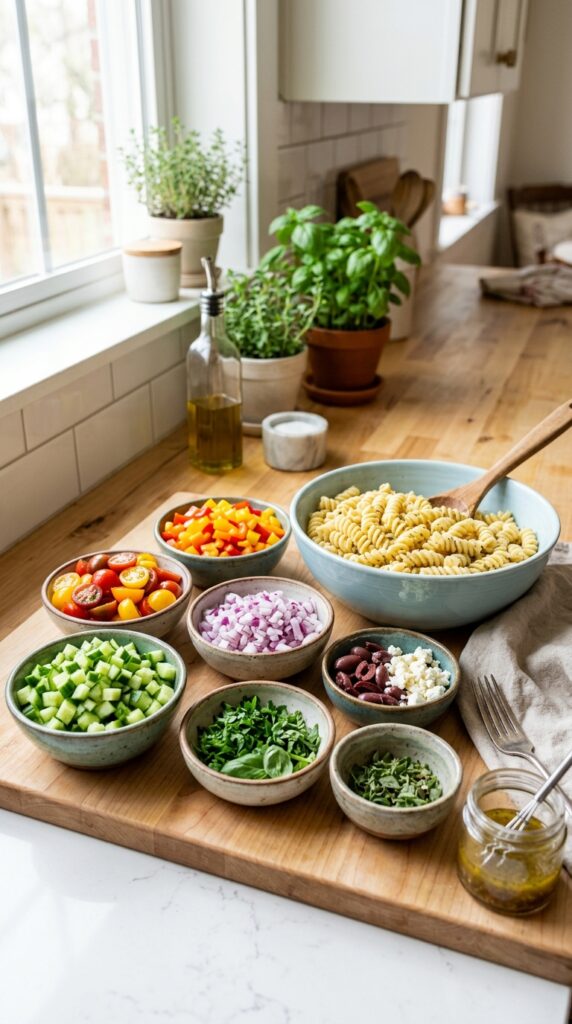 Fresh pasta salad ingredients with vegetables, feta, and herbs on a kitchen counter.