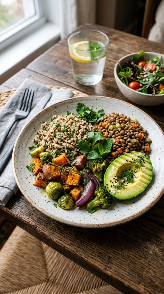 Healthy vegetarian dinner plate with quinoa, roasted vegetables, avocado slices, lentils, and fresh herbs on a ceramic plate