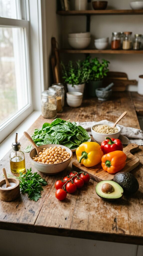 Fresh vegetarian ingredients including chickpeas, spinach, quinoa, bell peppers, tomatoes, and avocados on a wooden counter