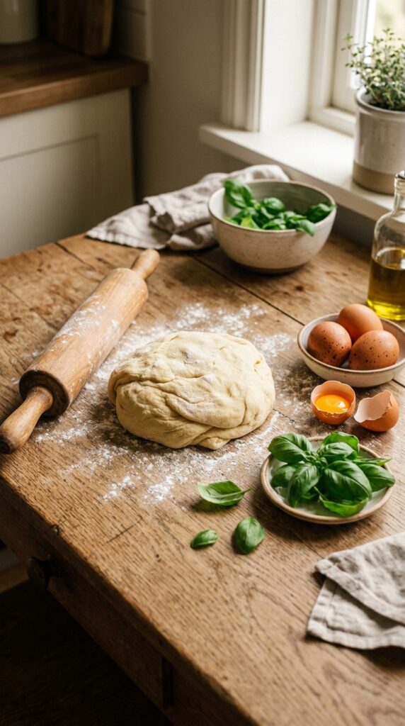 How to Make Healthy Fresh Homemade Pasta from Scratch 2 Fresh healthy homemade pasta dough with eggs, basil, and a rolling pin on a rustic wooden table.
