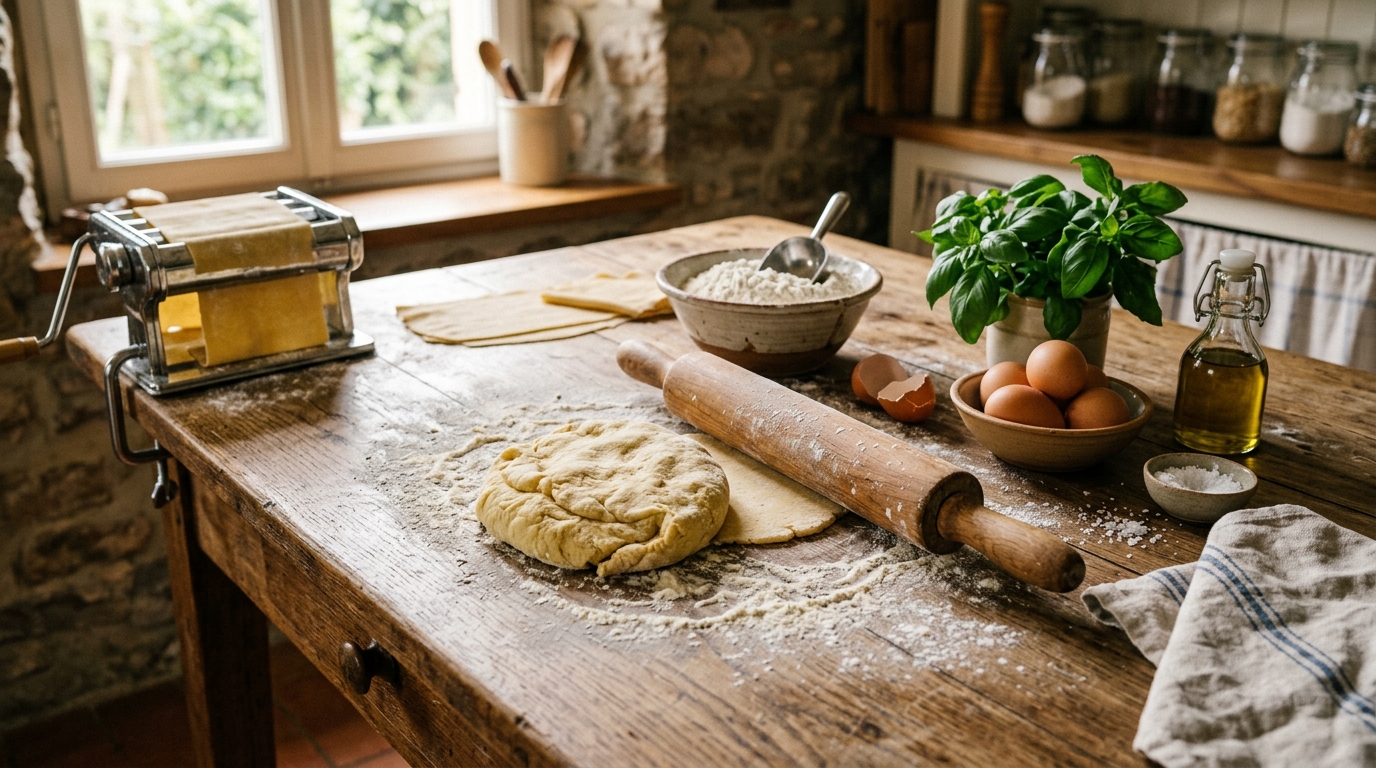 Fresh homemade pasta dough with eggs, basil, and a rolling pin on a rustic wooden table.