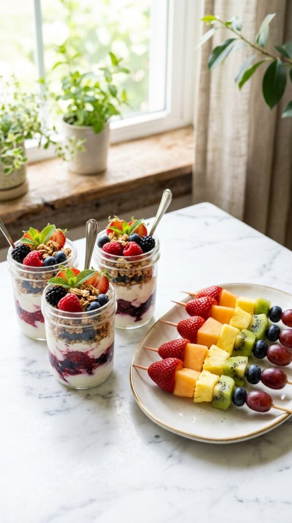 How to Make Healthy Snacks for Kids and Adults 5 Colorful yogurt parfaits with granola and berries beside rainbow fruit skewers on a marble table.