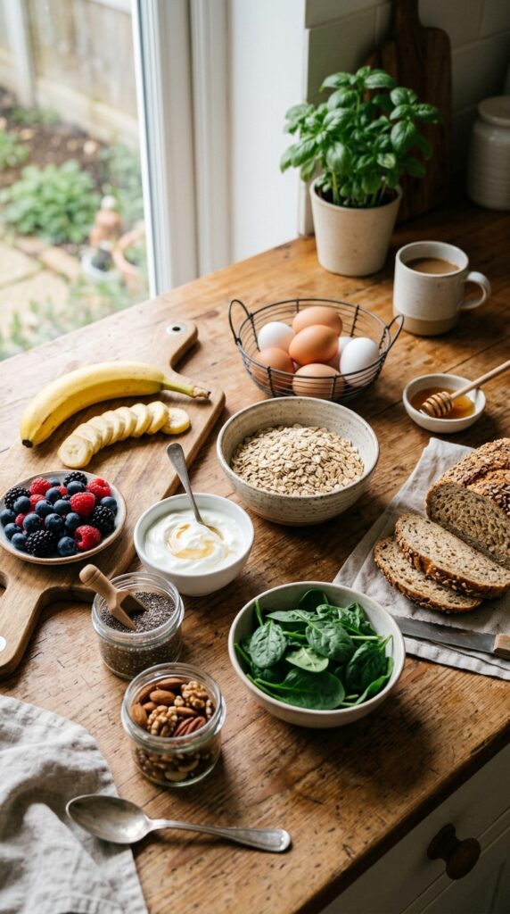 How to Do Healthy Breakfast Meal Prep for Busy Mornings 3 Fresh breakfast ingredients arranged on a wooden countertop, including oats,
