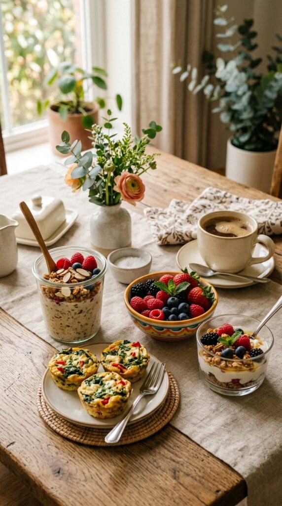 How to Do Healthy Breakfast Meal Prep for Busy Mornings 6 A beautifully styled breakfast table featuring overnight oats, egg muffins, fresh fruit, yogurt parfaits, and a cup of coffee in soft natural morning light,