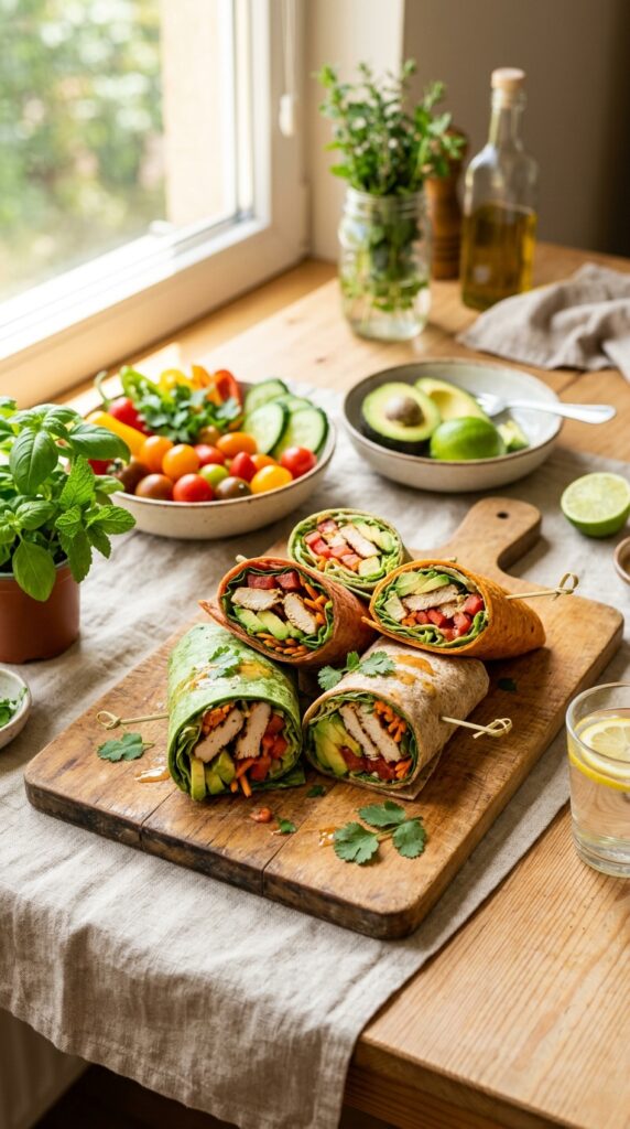 A wooden cutting board with colorful healthy wraps sliced in half, filled with grilled chicken, avocado, lettuce, tomatoes, and shredded carrots,